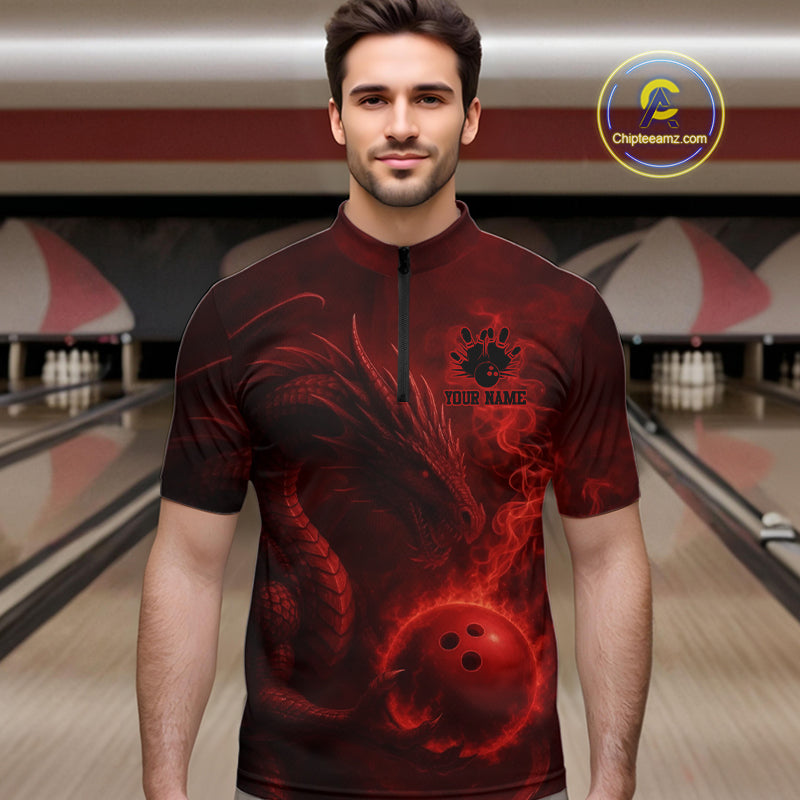 Red Flame Dragon Bowling Polo, 1/4 Zip Shirts For Men Custom Name Team Bowling League Jersey NQS11092