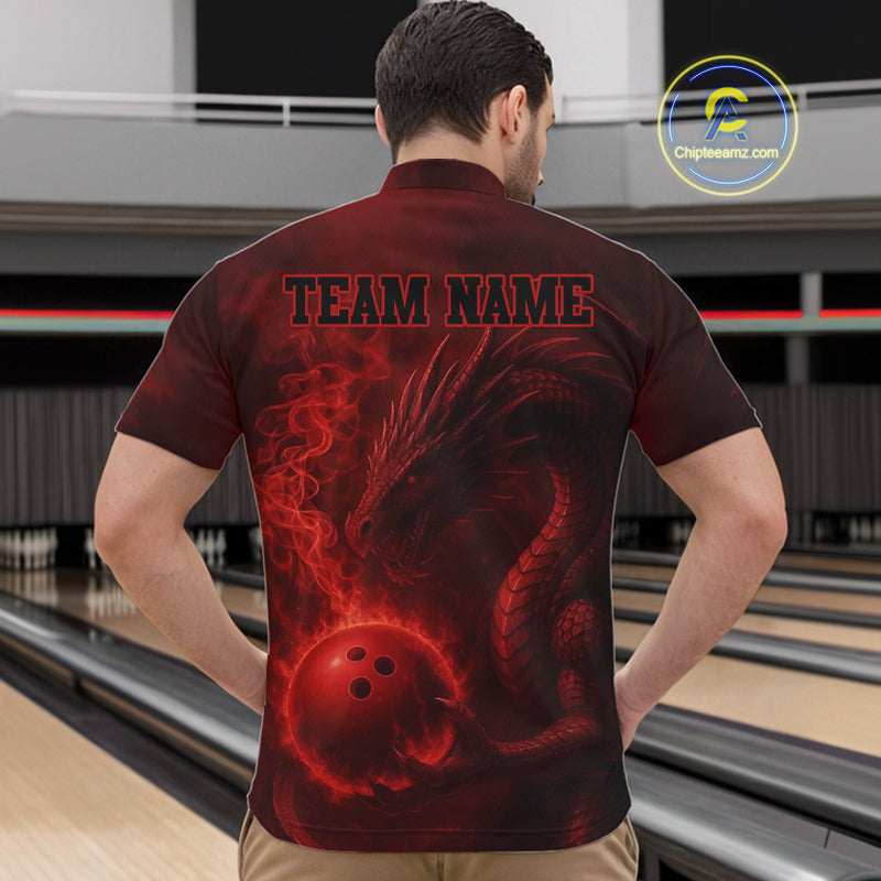 Red Flame Dragon Bowling Polo, 1/4 Zip Shirts For Men Custom Name Team Bowling League Jersey NQS11092