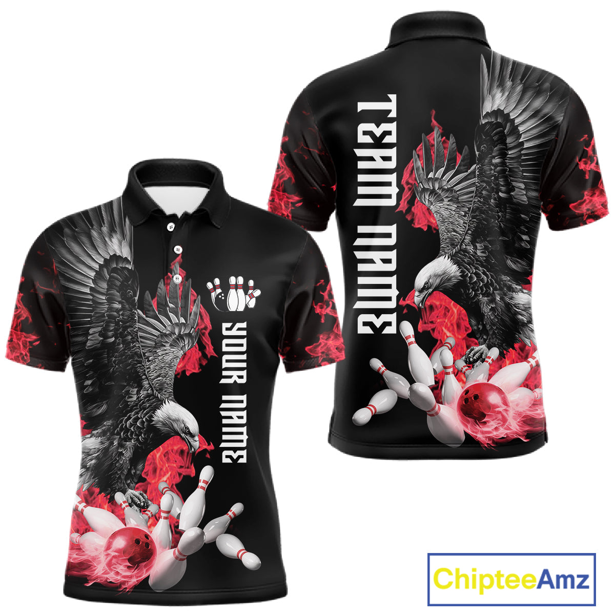 Custom Red Flame Black Eagle Bowling Polo, Quarter Zip Shirt For Men, Team Bowling Clothes NQS11500