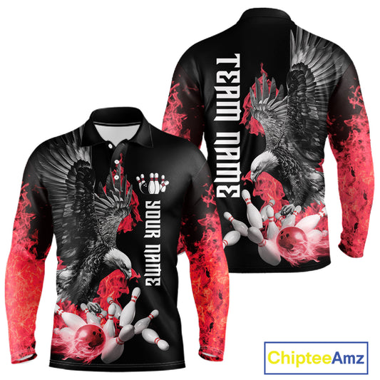 Custom Red Flame Black Eagle Bowling Polo, Quarter Zip Shirt For Men, Team Bowling Clothes NQS11500