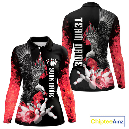 Custom Red Flame Black Eagle Bowling Polo, Quarter Zip Shirt For Women, Team Bowling Clothes NQS11500