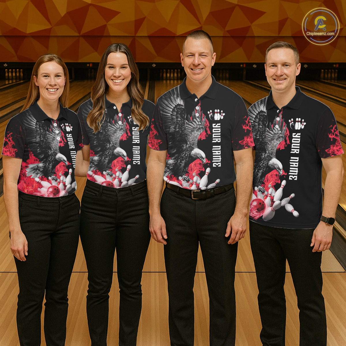 Custom Red Flame Black Eagle Bowling Polo, Quarter Zip Shirt For Men, Team Bowling Clothes NQS11500