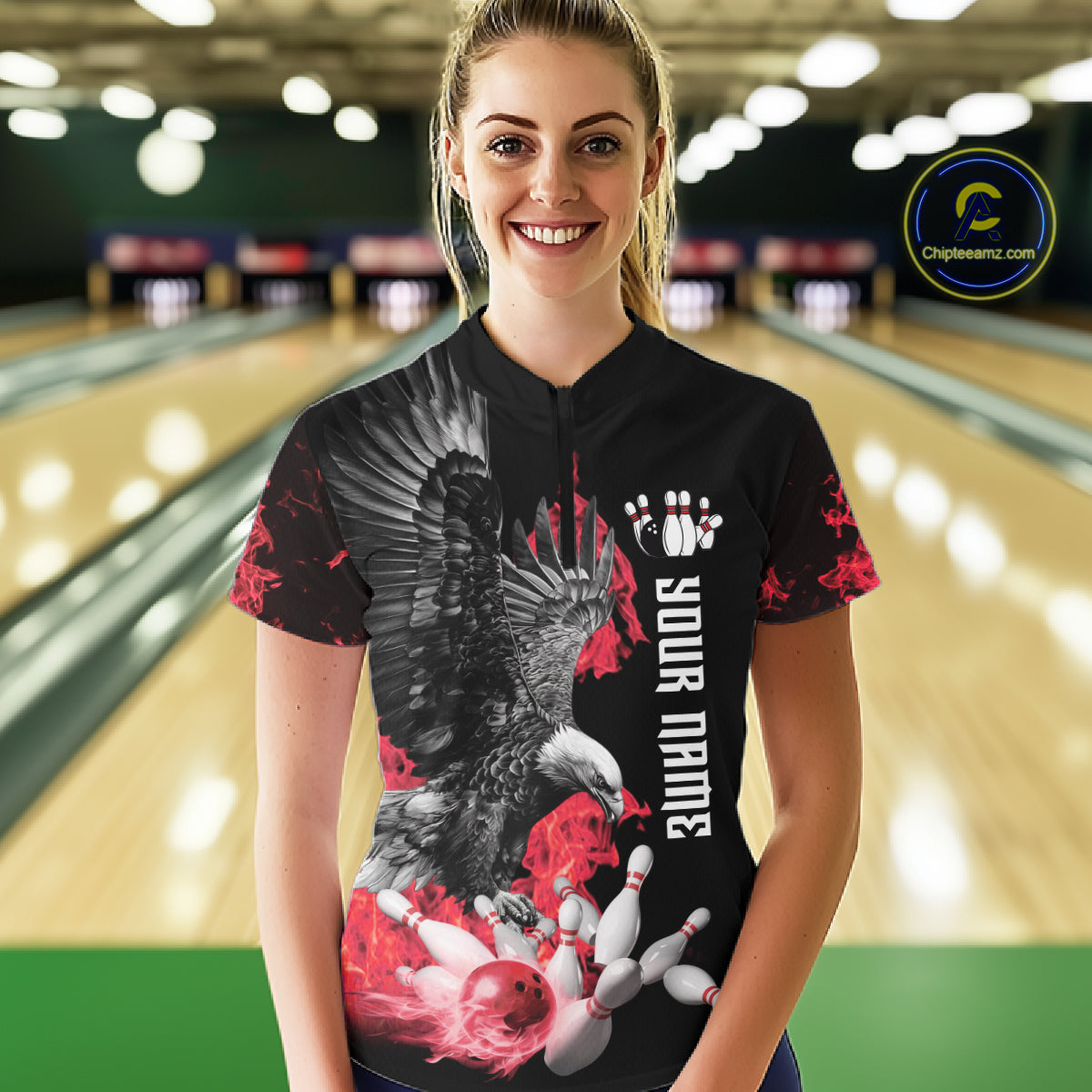 Custom Red Flame Black Eagle Bowling Polo, Quarter Zip Shirt For Women, Team Bowling Clothes NQS11500