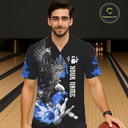 Custom Blue Flame Black Eagle Bowling Hawaiian Shirt, Team Bowling Button up Clothes NQS11501