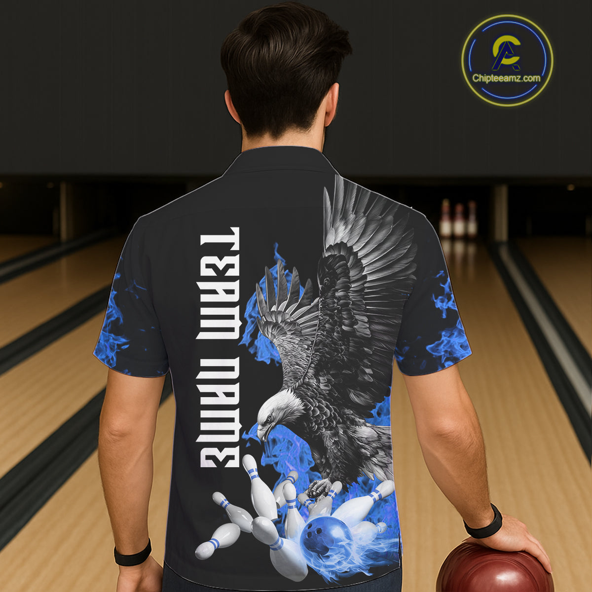 Custom Blue Flame Black Eagle Bowling Hawaiian Shirt, Team Bowling Button up Clothes NQS11501