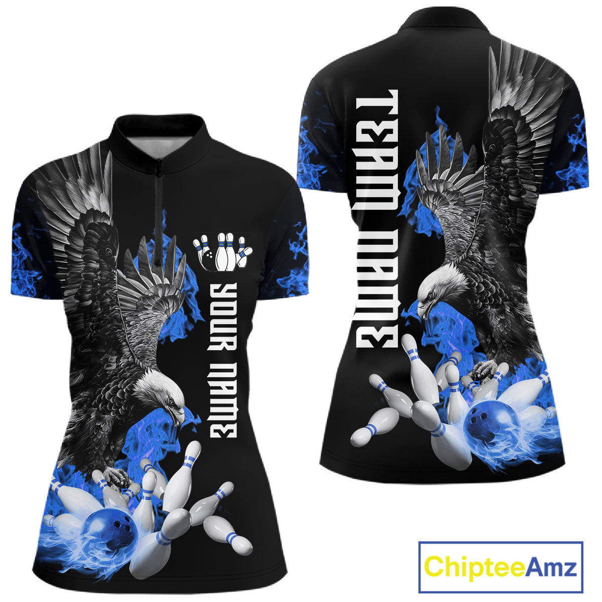 Custom Blue Flame Black Eagle Bowling Polo, Quarter Zip Shirt For Women, Team Bowling Clothes NQS11501