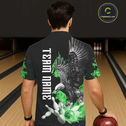 Custom Green Flame Black Eagle Bowling Hawaiian Shirt, Team Bowling Button up Clothes NQS11502