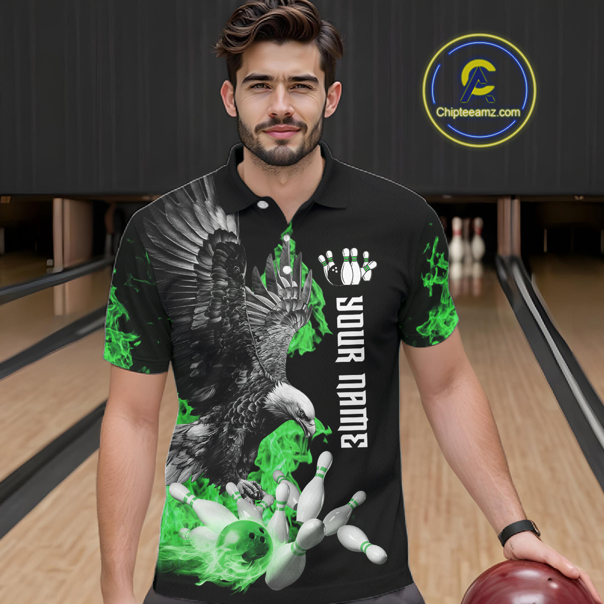 Custom Green Flame Black Eagle Bowling Polo, Quarter Zip Shirt For Men, Team Bowling Clothes NQS11502