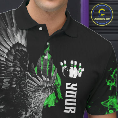 Custom Green Flame Black Eagle Bowling Polo, Quarter Zip Shirt For Men, Team Bowling Clothes NQS11502
