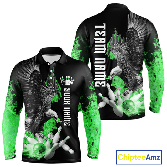 Custom Green Flame Black Eagle Bowling Polo, Quarter Zip Shirt For Men, Team Bowling Clothes NQS11502
