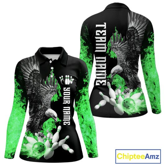Custom Green Flame Black Eagle Bowling Polo, Quarter Zip Shirt For Women, Team Bowling Clothes NQS11502