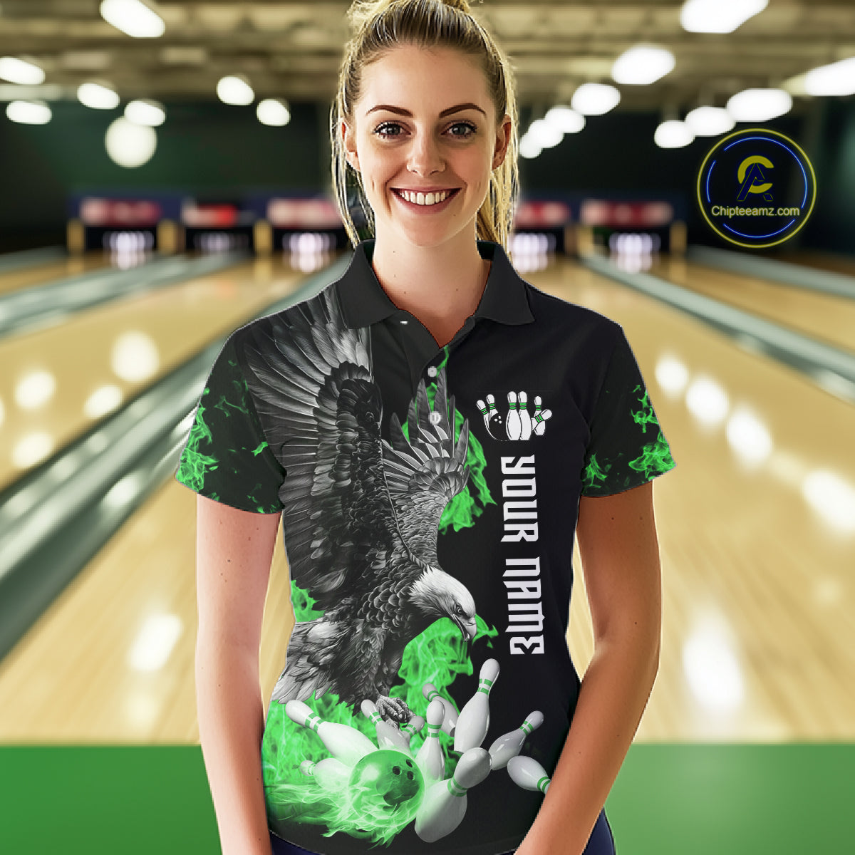 Custom Green Flame Black Eagle Bowling Polo, Quarter Zip Shirt For Women, Team Bowling Clothes NQS11502