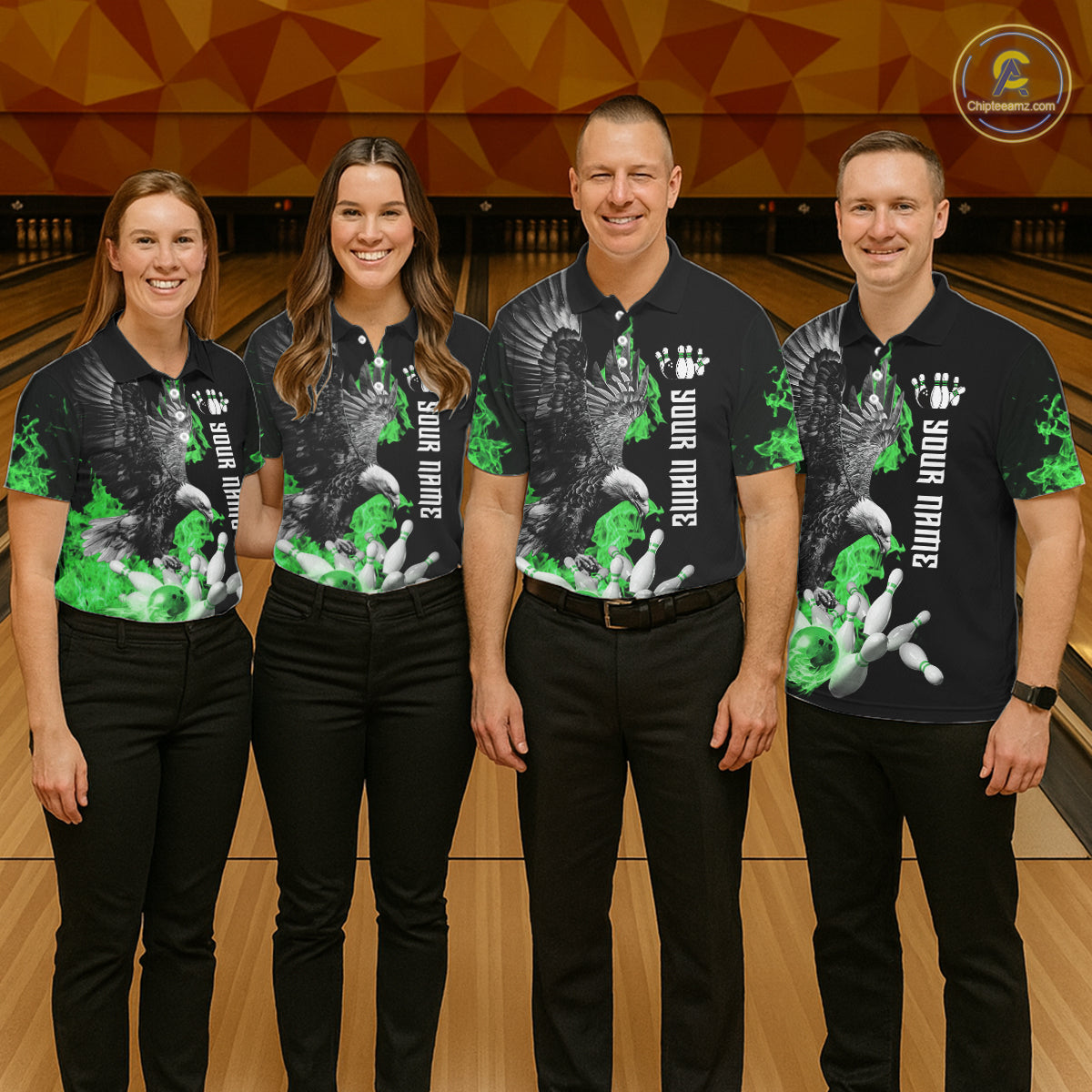 Custom Green Flame Black Eagle Bowling Polo, Quarter Zip Shirt For Men, Team Bowling Clothes NQS11502