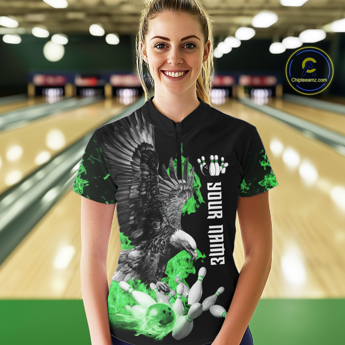 Custom Green Flame Black Eagle Bowling Polo, Quarter Zip Shirt For Women, Team Bowling Clothes NQS11502