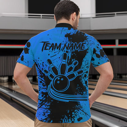 Black and Blue Mens Bowling Polo, Quarter Zip Shirts Custom Bowling Team League Jerseys NQS9571