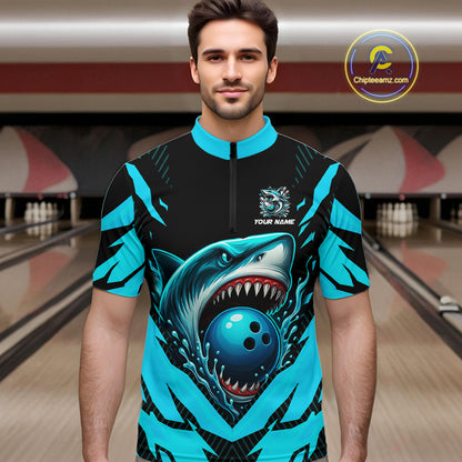 Black and Blue Mens bowling shirts Custom Blue Shark bowling team  jerseys, gifts for bowlers NQS9991