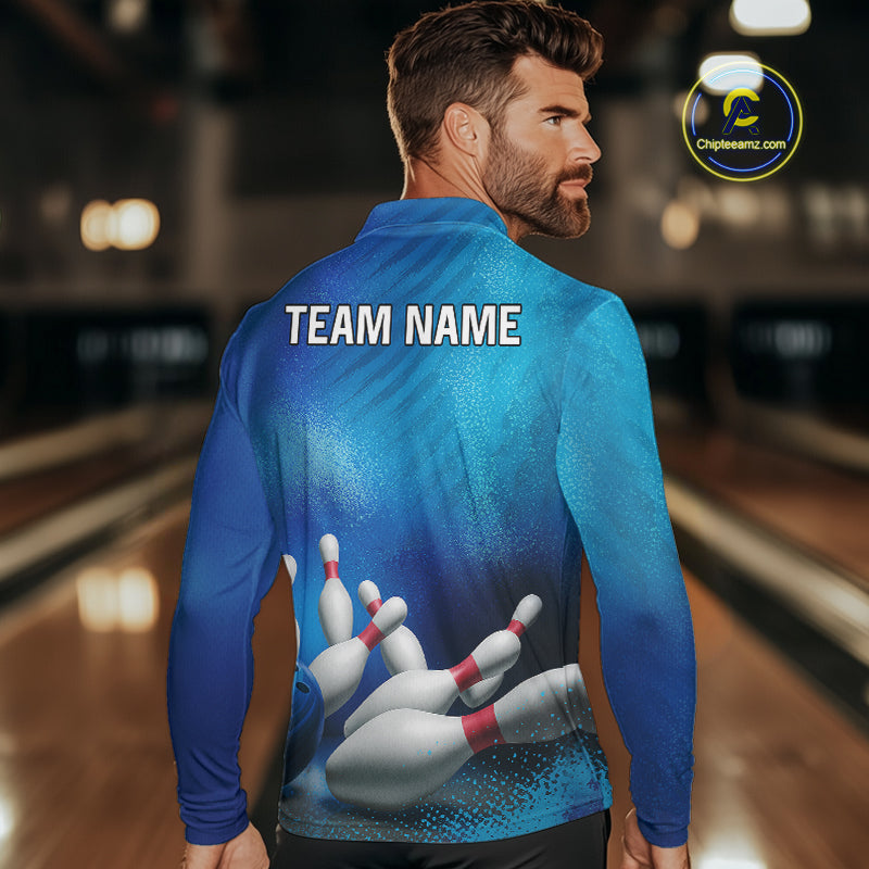 Custom Blue Bowling Team Mens Polo, Quarter-Zip Shirts, custom bowling jersey with name NQS10282