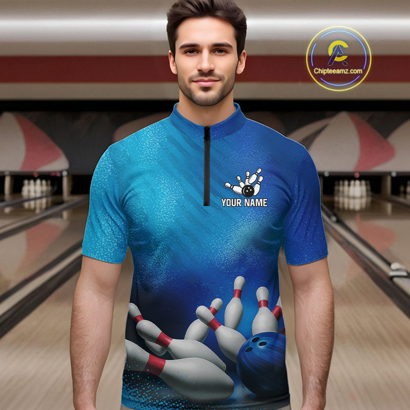 Custom Blue Bowling Team Mens Polo, Quarter-Zip Shirts, custom bowling jersey with name NQS10282