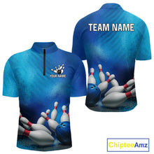 Load image into Gallery viewer, Custom Blue Bowling Team Mens Polo, Quarter-Zip Shirts, custom bowling jersey with name NQS10282