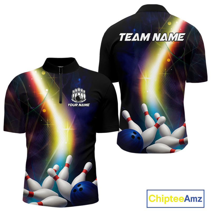 Custom Rainbow Lights Bowling Polo, 1/4 Zip Shirt For Men, Personalized bowling team jersey with name NQS10283