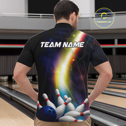 Custom Rainbow Lights Bowling Polo, 1/4 Zip Shirt For Men, Personalized bowling team jersey with name NQS10283