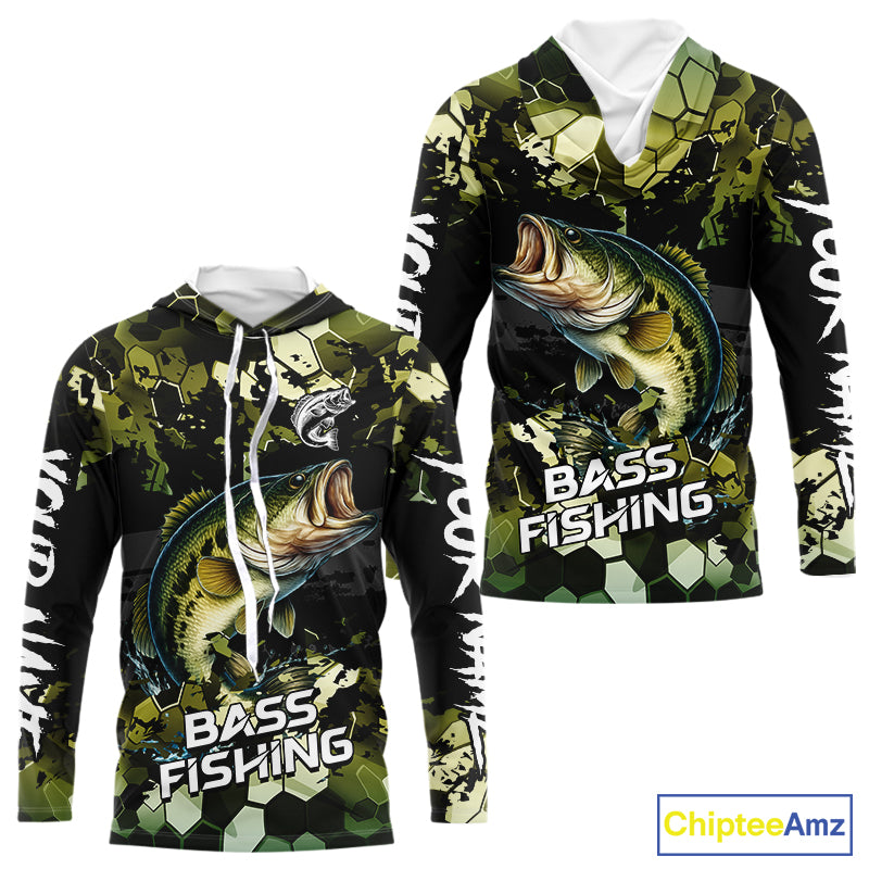 Green Camo Largemouth Bass fishing sun shirts custom name fishing shirts long sleeve uv protection NQS10284