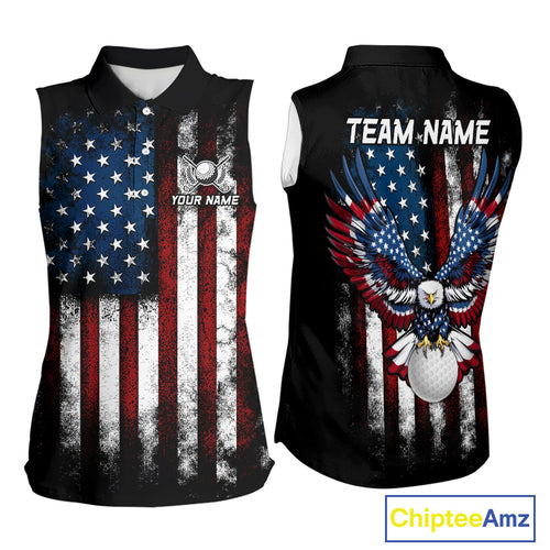 Vintage American Flag Eagle Black Golf Sleeveless Polo Shirts Custom Ladies patriotic golf shirts NQS10502