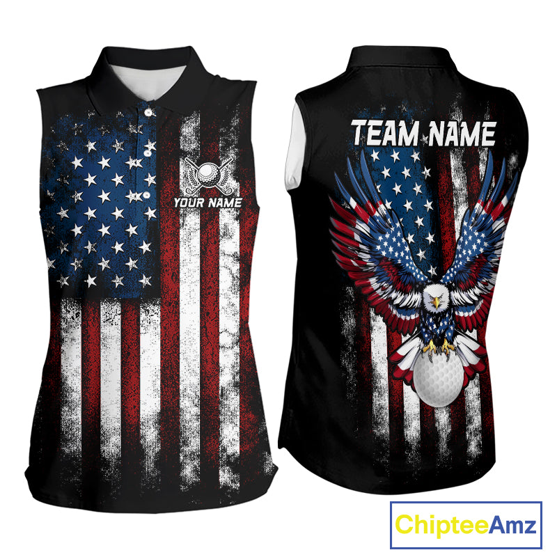 Vintage American Flag Eagle Black Golf Sleeveless Polo Shirts Custom Ladies patriotic golf shirts NQS10502