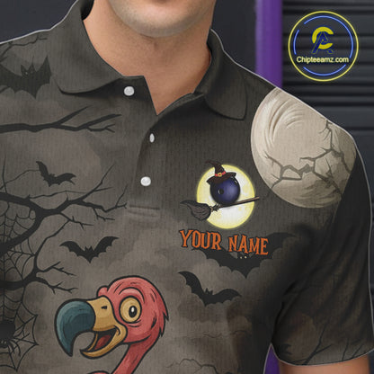 Funny Flamingo Halloween Bowling Polo, Quarter Zip Shirt For Men Custom Halloween Bowling Team Jersey NQS10703