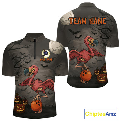 Funny Flamingo Halloween Bowling Polo, Quarter Zip Shirt For Men Custom Halloween Bowling Team Jersey NQS10703