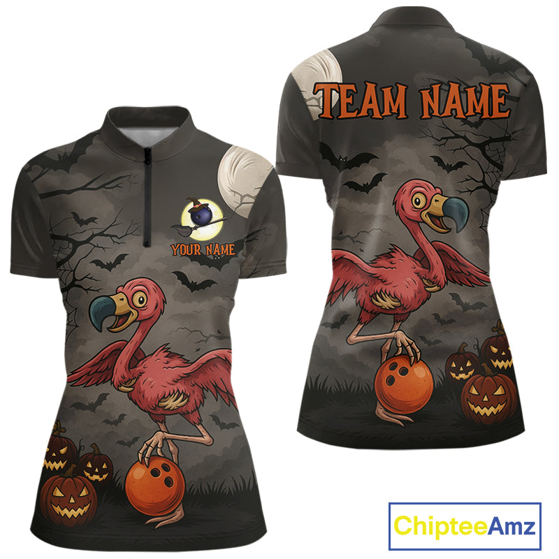 Funny Flamingo Halloween Bowling Polo, 1/4 Zip Shirt For Women Custom Halloween Bowling Team Jersey NQS10703