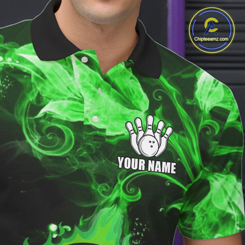 Personalized Funny Bowling Shirts for Men Green Flame Custom Bowling Team Outfit, Gift For Bowlers NQS10909