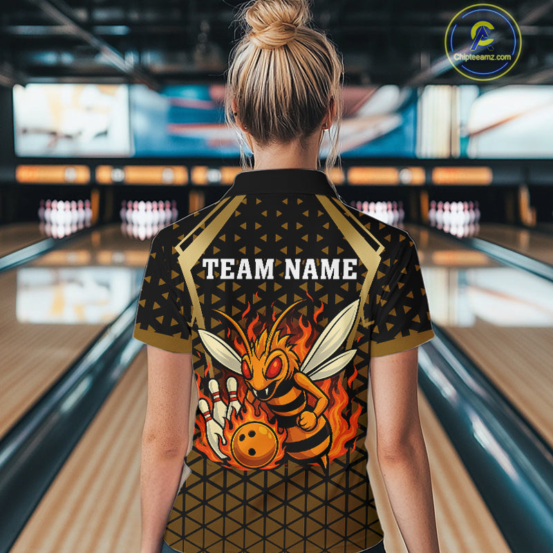 Custom Black and Gold Bee Bowling Polo, Quarter Zip Shirts For Women, Bee Bowling Team Bowlers Outfit NQS10911