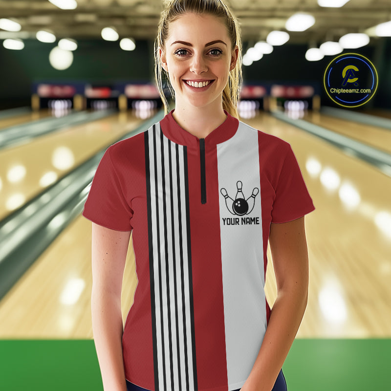 Retro Black and red stripe Bowling shirts For Women custom bowling team jerseys Bowler Outfits NQS11096