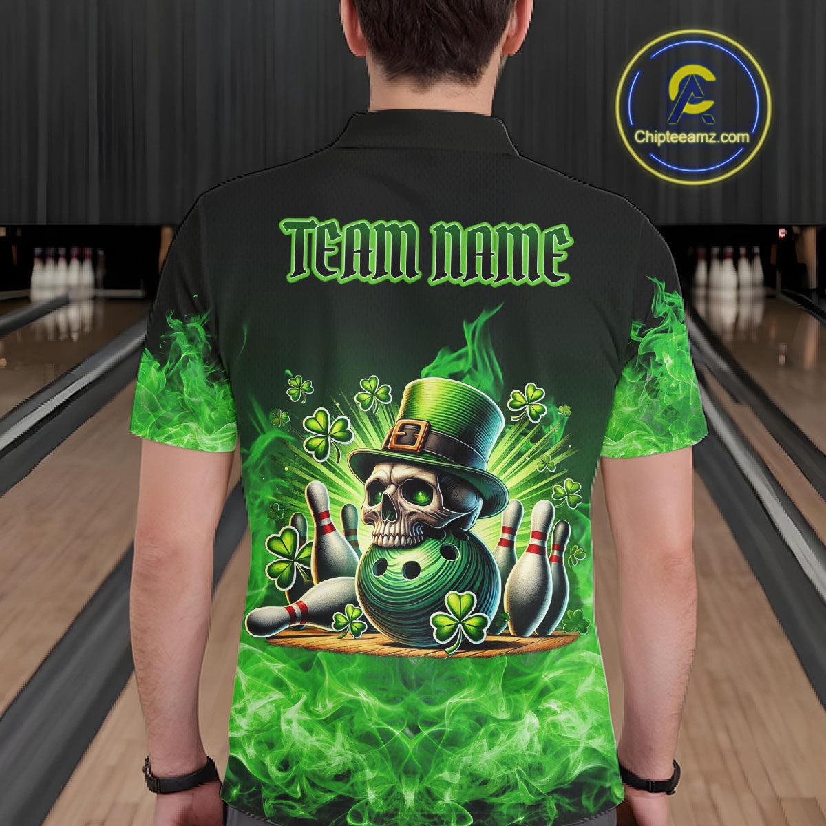 Green Flame Smoke St Patrick's Day Eagle Skull Men's Bowling Shirts Custom Lucky Bowling Team Jersey NQS11286