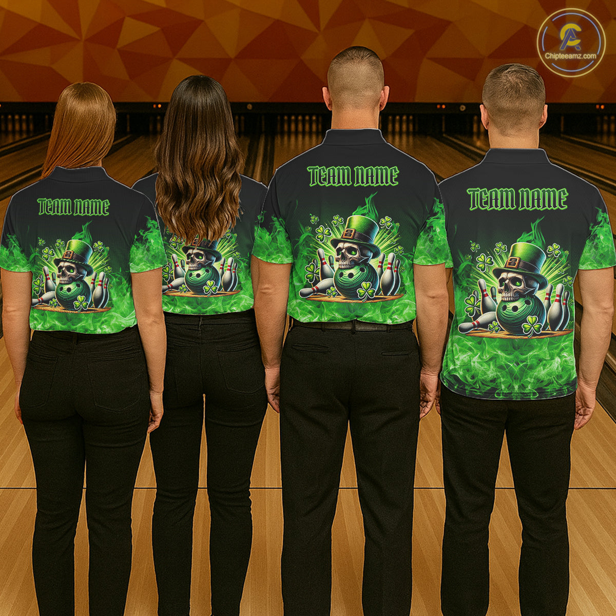 Green Flame Smoke St Patrick's Day Eagle Skull Men's Bowling Shirts Custom Lucky Bowling Team Jersey NQS11286