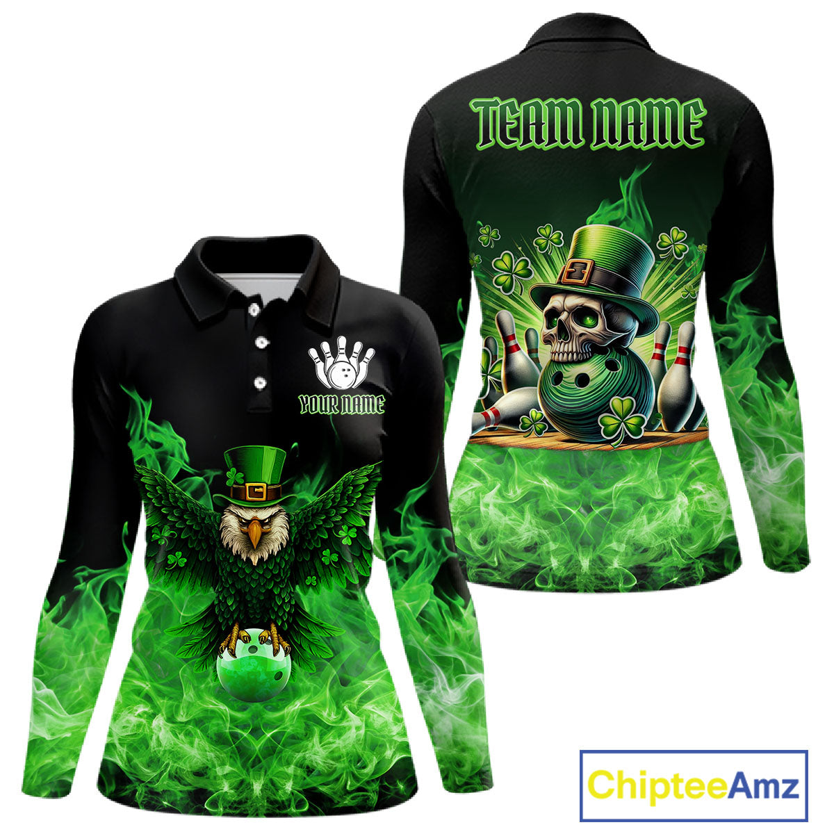 Green Flame Smoke St Patrick's Day Eagle Skull Women's Bowling Shirt Custom Lucky Bowling Team Jersey NQS11286