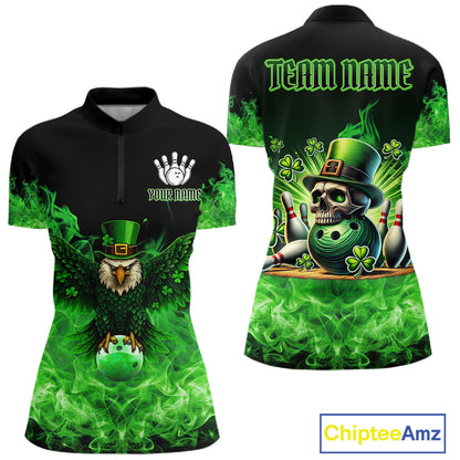 Green Flame Smoke St Patrick's Day Eagle Skull Women's Bowling Shirt Custom Lucky Bowling Team Jersey NQS11286