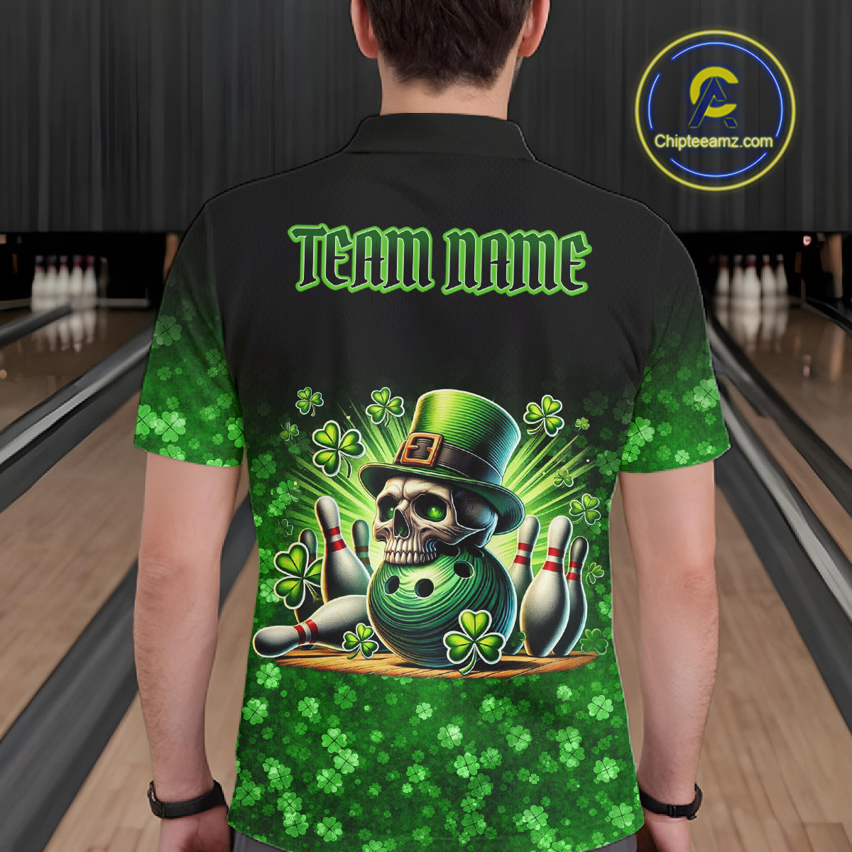 Green shamrock St Patrick's Day Eagle Skull Men's Bowling Shirts Custom Lucky Bowling Team Jersey NQS11287