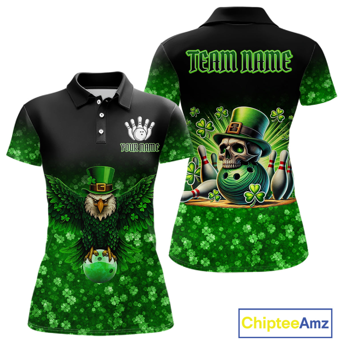 Green shamrock St Patrick's Day Eagle Skull Women's Bowling Shirts Custom Lucky Bowling Team Jersey NQS11287