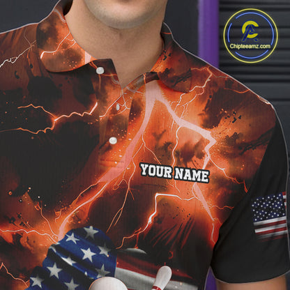 Orange Lightning thunder storm American Flag Bowling Shirt For Men Custom Bowling Team League Jerseys NQS10291