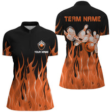 Load image into Gallery viewer, Personalized Women Polo, 1/4 Zip Bowling Shirt Orange Flame Bowling Ball Pin bowling jersey for Bowler NQS8518