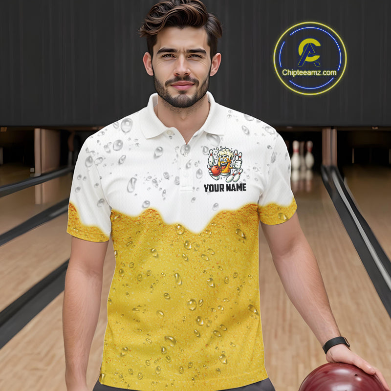Custom White And Yellow Funny Beer Bowling Men Polo, Quarter Zip Shirts, Beer Glass Bowling Jersey NQS10918