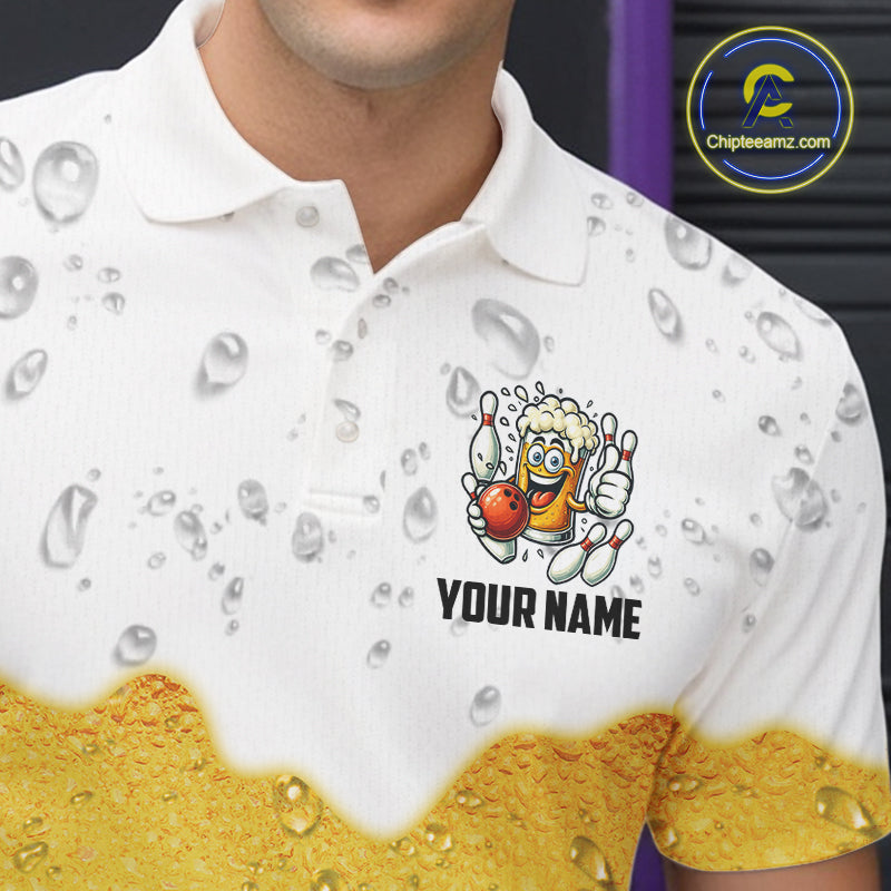 Custom White And Yellow Funny Beer Bowling Men Polo, Quarter Zip Shirts, Beer Glass Bowling Jersey NQS10918