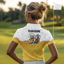 Load image into Gallery viewer, Custom White And Yellow Funny Beer Golf Polo Shirts For Women, Funny Beer Glass Ladies Golf Outfit NQS10919