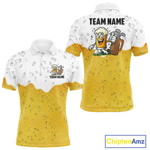 Load image into Gallery viewer, Custom White And Yellow Funny Beer Golf Polo Shirts For Men, Funny Beer Glass Mens Golf Outfit NQS10919