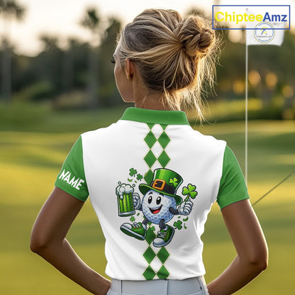 White and Green argyle pattern Women Golf polo shirts Custom funny St Patrick day ladies golf outfit NQS11296