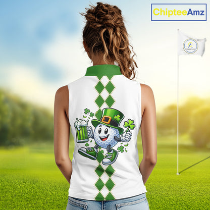 White and Green argyle pattern Sleeveless polo shirts Custom funny St Patrick day ladies golf outfit NQS11296