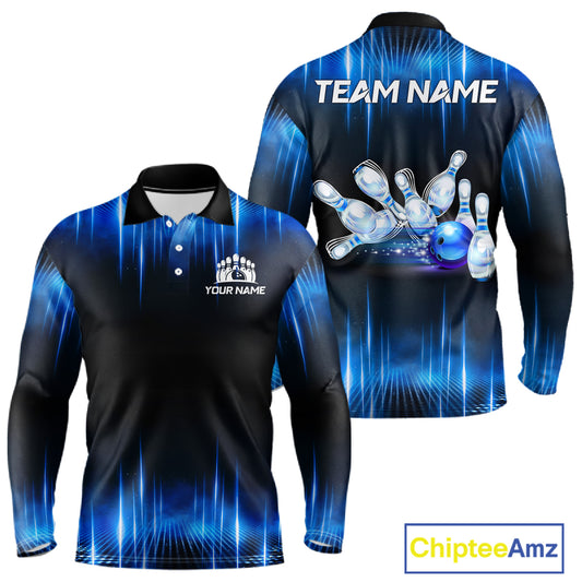 Black and Blue Bowling polo, Quarter zip Shirts for Men Custom Bowling Team jerseys, Gift For Bowler NQS11299