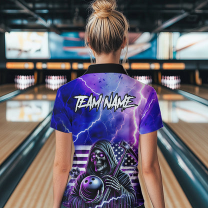 Purple American Flag Lightning Thunder Storm Reaper Bowling Shirt For Women Custom Bowling Team Jersey NQS9732
